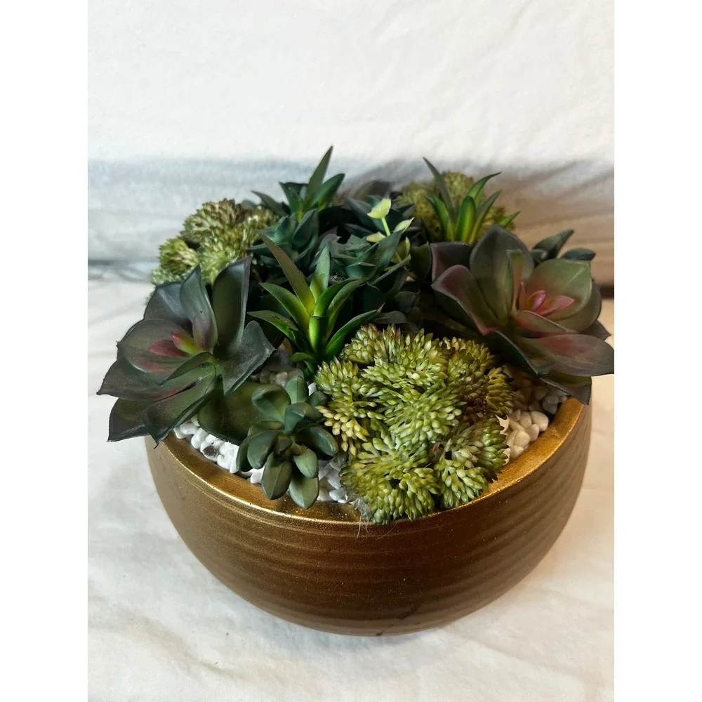 Artificial Succulent‎ Arrangement in Gold Metallic Ceramic Bowl Faux Centerpiece